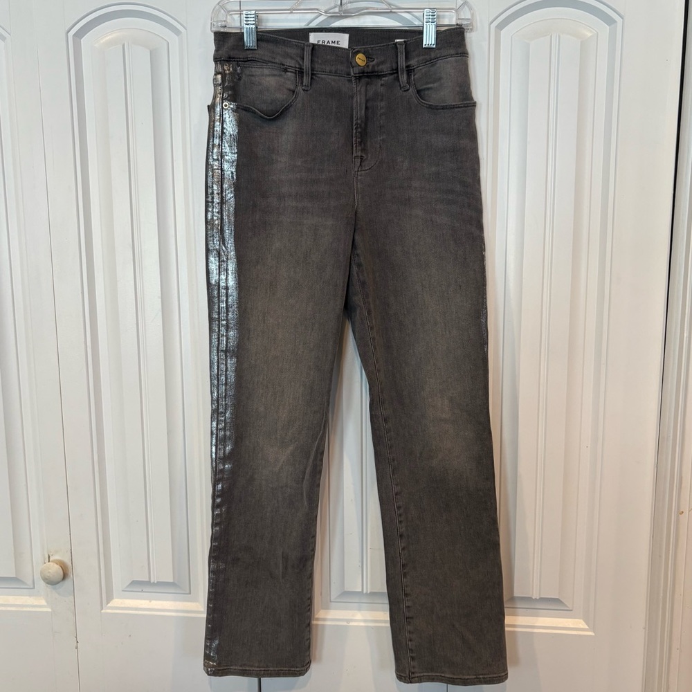 Frame Gray Le High Straight Leg Silver Foil Tuxedo Stripe Jeans Size 26‎
